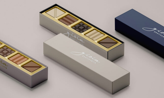 Scatole luxury per cioccolatini. Progetto di packaging per Gioia Pasticceria Milano